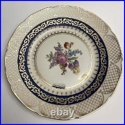 Set of 10 RM Czechoslovakia Dinner Plates 6173 Blue Floral Gold Lattice