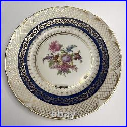 Set of 10 RM Czechoslovakia Dinner Plates 6173 Blue Floral Gold Lattice