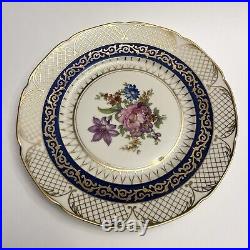 Set of 10 RM Czechoslovakia Dinner Plates 6173 Blue Floral Gold Lattice