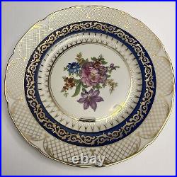 Set of 10 RM Czechoslovakia Dinner Plates 6173 Blue Floral Gold Lattice