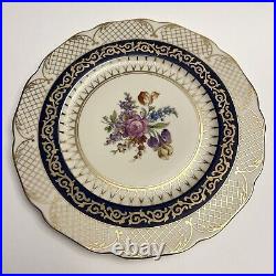 Set of 10 RM Czechoslovakia Dinner Plates 6173 Blue Floral Gold Lattice