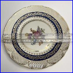 Set of 10 RM Czechoslovakia Dinner Plates 6173 Blue Floral Gold Lattice