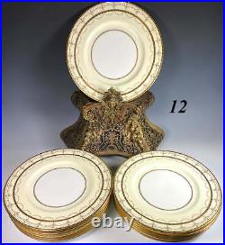 Set of 12 Antique English Minton Raised Gold Enamel Dinner Plates, Excellent