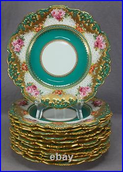 Set of 12 Copeland Jewelled Hand Painted Pink Rose Green & Heavy Gold Plates