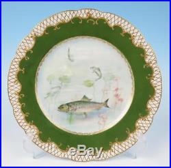 Set of 12 Haviland Limoges Hand Painted Fish Dinner Service Plates Gold Fishnet