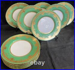 Set of 12 Minton H3655 Green & Gold Leaf Enameled Dinner Plates BH171