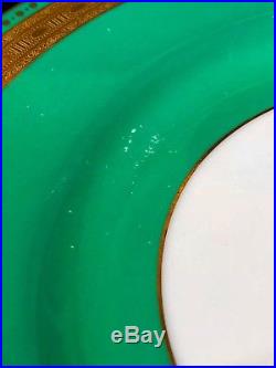 Set of 12 Minton Tatman Chicago Green & Gold Leaf Enameled Dinner Plates 10 1/2