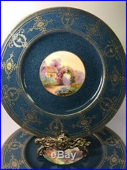 Set of 12 Signed Royal Worcester Hand Painted Blue & Gold Dinner Plates Z890