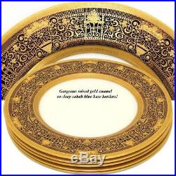 Set of 5 Stunning Lenox Raised Gold Enamel & Cobalt 10 3/8 Dinner Sized Plates