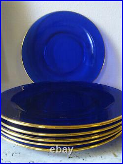 Set of 6 Cobalt Blue Glass Dinner Plates With GOLD TRIM Large 12