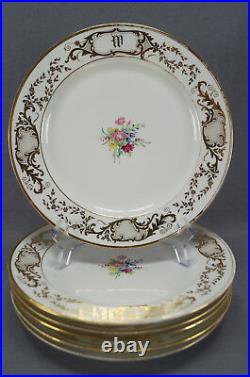 Set of 6 Limoges Hand Painted Floral & Gold W Monogram 9 5/8 Dinner Plates B