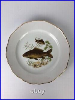 Set of 6 Luisenburg Barvaria Dinner Plates White Fish Motif Gold Trim Scalloped