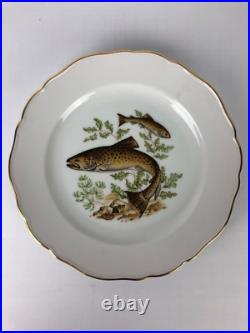 Set of 6 Luisenburg Barvaria Dinner Plates White Fish Motif Gold Trim Scalloped