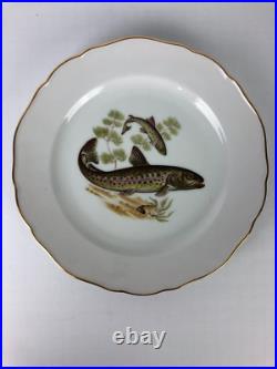 Set of 6 Luisenburg Barvaria Dinner Plates White Fish Motif Gold Trim Scalloped