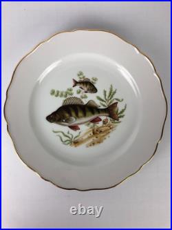 Set of 6 Luisenburg Barvaria Dinner Plates White Fish Motif Gold Trim Scalloped