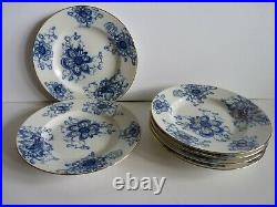 Set of 6 Russian Lomonosov Fine China Blue White Gold 9.5 Dinner Plates