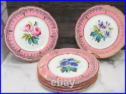 Set of 6 Vintage Pink Rim and Gold Hand Painted Floral Porcelain Plates 9