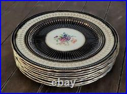 Set of 8 Aynsley Cobalt Blue Gold Floral Dinner Plates