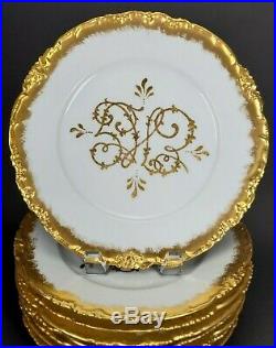 Set of 8 Pouyat Limoges Gold and Rose Encrusted Dinner Plate Plates