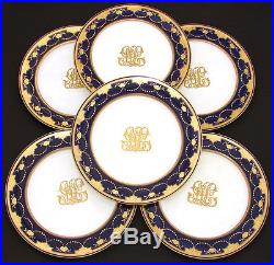 Set of Six Antique Minton 10 Dinner Plates, Cobalt & Thick Raised Gold Enamel