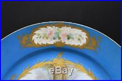 Sevres French 1868 Celeste Blue Gold Floral Watteau Courting Scene 9 1/4 Plate