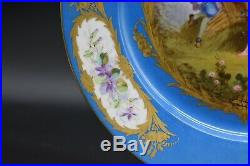 Sevres French 1868 Celeste Blue Gold Floral Watteau Courting Scene 9 1/4 Plate