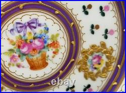 Sevres Purple Floral Basket Gold Encrusted Hand Painted Dessert Plates S/6