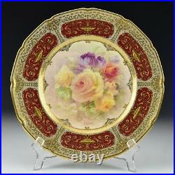 Signed Percy Curnock Royal Doulton Porcelain Cabinet Plate Roses & Raised Gold