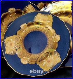 Spode Chinoiserie Cobalt Gold Encrusted 9 Dinner Cabinet Plates 6 Set Lotus