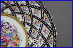 Thieme Dresden Pink Rose Floral Basket Purple Bow Cobalt & Raised Gold Plate D