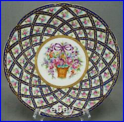 Thieme Dresden Pink Rose Floral Basket Purple Bow Cobalt & Raised Gold Plate H