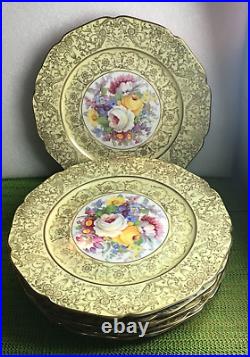 VINTAGE CZECH BOHEMIA CERAMICS 6 Dinner Plates 10.5 Gold Gilt Floral #504