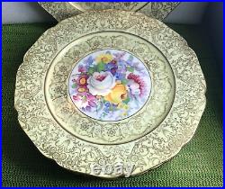 VINTAGE CZECH BOHEMIA CERAMICS 6 Dinner Plates 10.5 Gold Gilt Floral #504