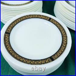 VTG Pyrex Decor EBONY 9,7', 5 Dinner Plates Set Of 34 Black & Gold Fleur-de-lis