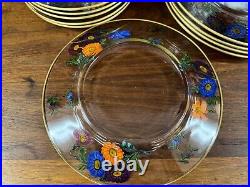 Vintage 17-Piece Hand Painted Floral on Glass Gold Rim Plate Set, Daisies Roses