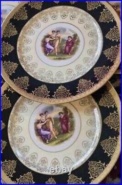 Vintage Angelica Kauffman Art Black & Gold Dinnerware 22K Gold Trim 28pcs Read