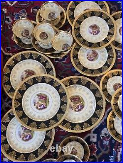 Vintage Angelica Kauffman Art Black & Gold Dinnerware 22K Gold Trim 28pcs Read