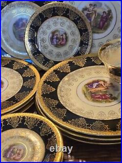 Vintage Angelica Kauffman Art Black & Gold Dinnerware 22K Gold Trim 28pcs Read