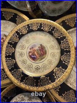 Vintage Angelica Kauffman Art Black & Gold Dinnerware 22K Gold Trim 28pcs Read