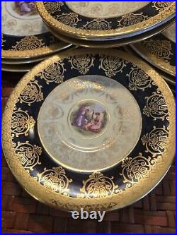 Vintage Angelica Kauffman Art Black & Gold Dinnerware 22K Gold Trim 28pcs Read