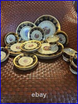 Vintage Angelica Kauffman Art Black & Gold Dinnerware 22K Gold Trim 28pcs Read