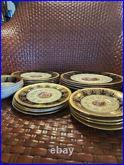 Vintage Angelica Kauffman Art Black & Gold Dinnerware 22K Gold Trim 28pcs Read