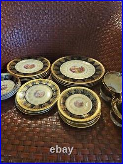 Vintage Angelica Kauffman Art Black & Gold Dinnerware 22K Gold Trim 28pcs Read