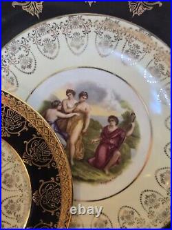 Vintage Angelica Kauffman Art Black & Gold Dinnerware 22K Gold Trim 28pcs Read