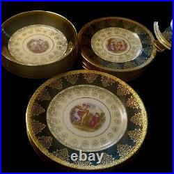 Vintage Angelica Kauffman Art Black & Gold Dinnerware Guaranteed 22K Gold Trim
