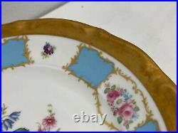 Vintage Antique Bavarian Porcelain Set of 12 Plates Blue Gold Floral Decoration