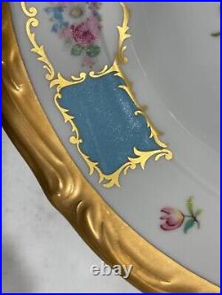 Vintage Antique Bavarian Porcelain Set of 12 Plates Blue Gold Floral Decoration