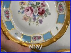 Vintage Antique Bavarian Porcelain Set of 24 Plates Blue Gold Floral Decoration