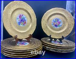 Vintage Dinner Plate Charger Heavy Encrusted Gold Flower Bouquet Set 12