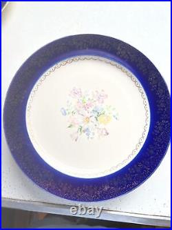 Vintage Dinner Plates French Saxon Cobalt Gold/ Floral USA Set Of 7